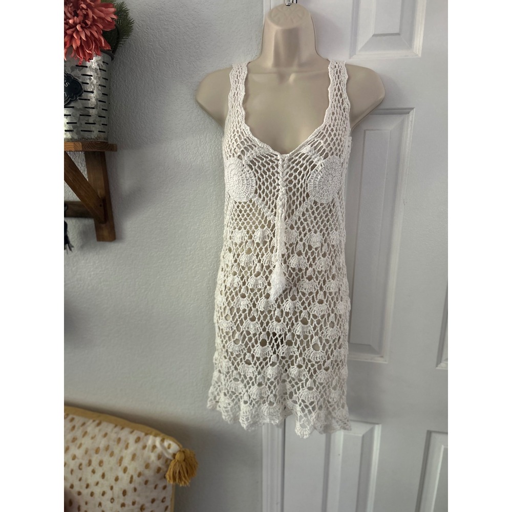 Y2k Boho Cream Crochet Knit Mini Dress Tassel Beach Cover Up Scoop Back White